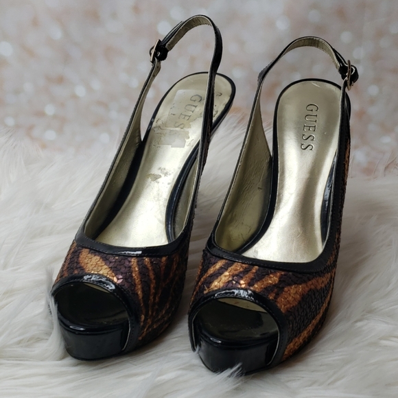 Guess Shoes - Guess tiger sequins platform open back & t…